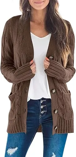 Women's Fall Casual Long Sleeve Button Down Open Front Cable Knit Cardigan