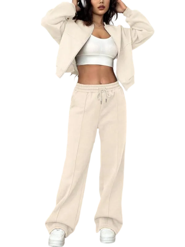Two-piece Set Women's Solid Zip Up Drop Shoulder Jacket & Pocket Elastic Waist Pants