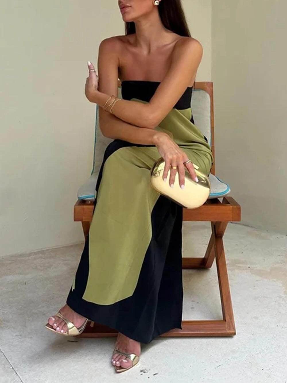 Strapless Color Block Printed Maxi Party Dress