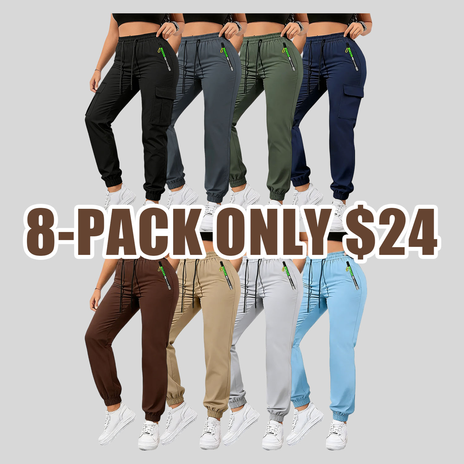 Women’s cargo pants with multiple pockets for spring and autumn—thin, straight-leg casual long pants featuring zippered pockets and an elastic waistband, suitable for outdoor sports and everyday outings.