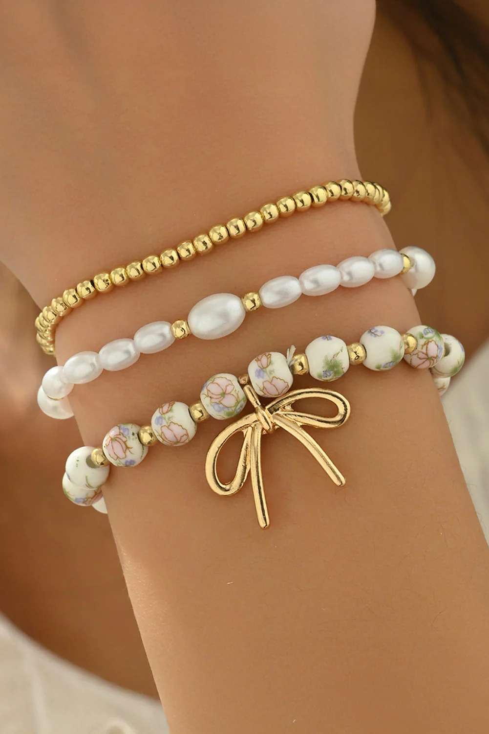 Gold Bow Knot Charm Beaded Triple Layer Bracelet Set