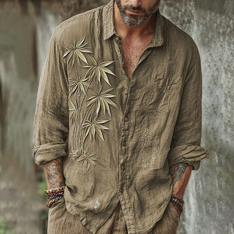 Men's Vintage Japanese Bamboo Embroidery Art Long Sleeve Linen Blend Shirt