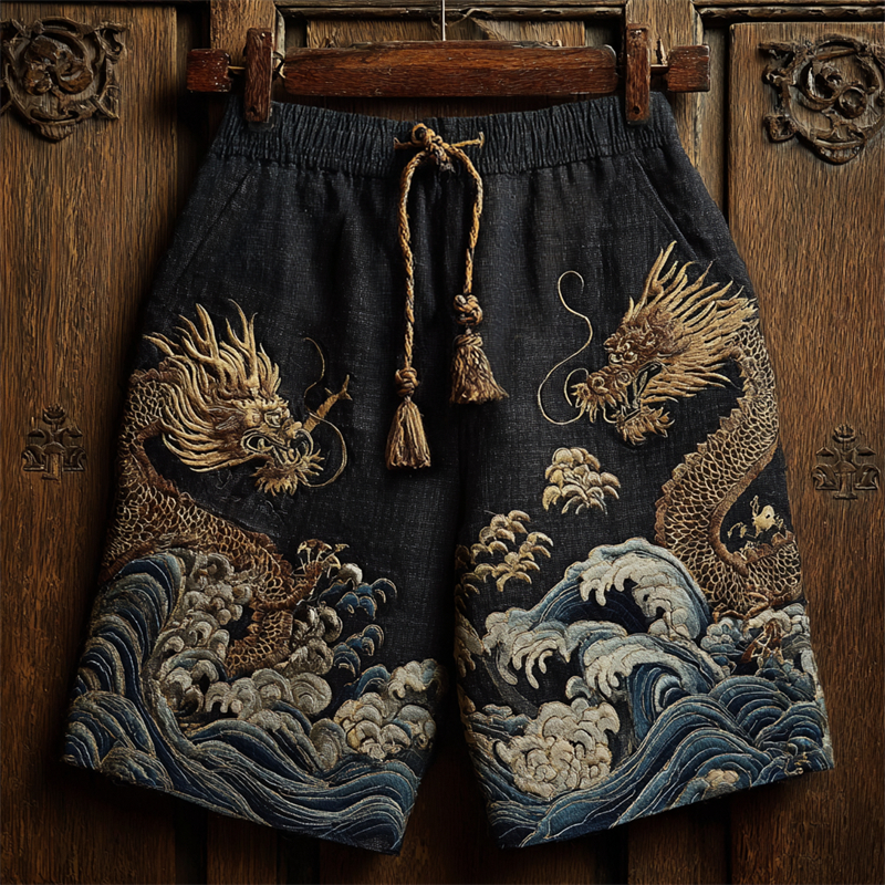 Japanese Golden Dragons & Sea Waves Embroidered Linen Shorts