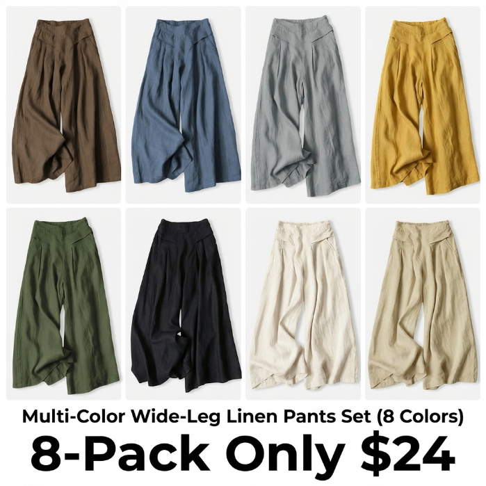 【Stock Up Deals】Women's Cotton Linen Culottes Pants Elastic Waist Wide Leg Palazzo Trousers Capri Pants with Pockets