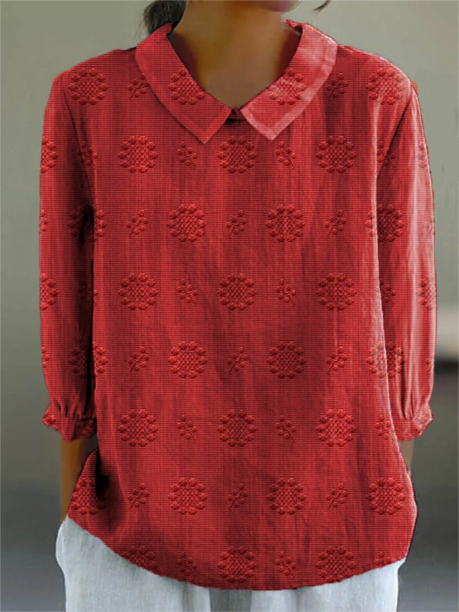 Women's Vintage Floral Art Print Casual Cotton And Linen 3/4 Sleeve Shirt