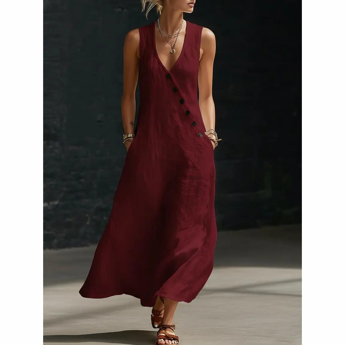 🔥Easter Sale!!Women’s Sleeveless Linen Maxi Dress – V-Neck Button Detail with Pockets