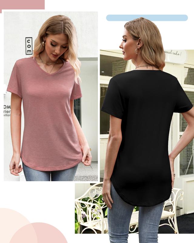Short Sleeve Shirts for Women Casual V-Neck Plain Tees - Set of 8, Various Color Combinations, Curved Hem Comfort Womenswear
