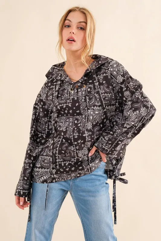 Bandana Pattern Lace Up Detailed Windbreaker