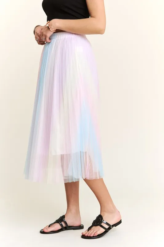 Pleated Mesh Flare Midi Skirt