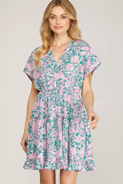 Ruffled Hem Printed Surplice Kimono Sleeve Mini Dress Plus Size