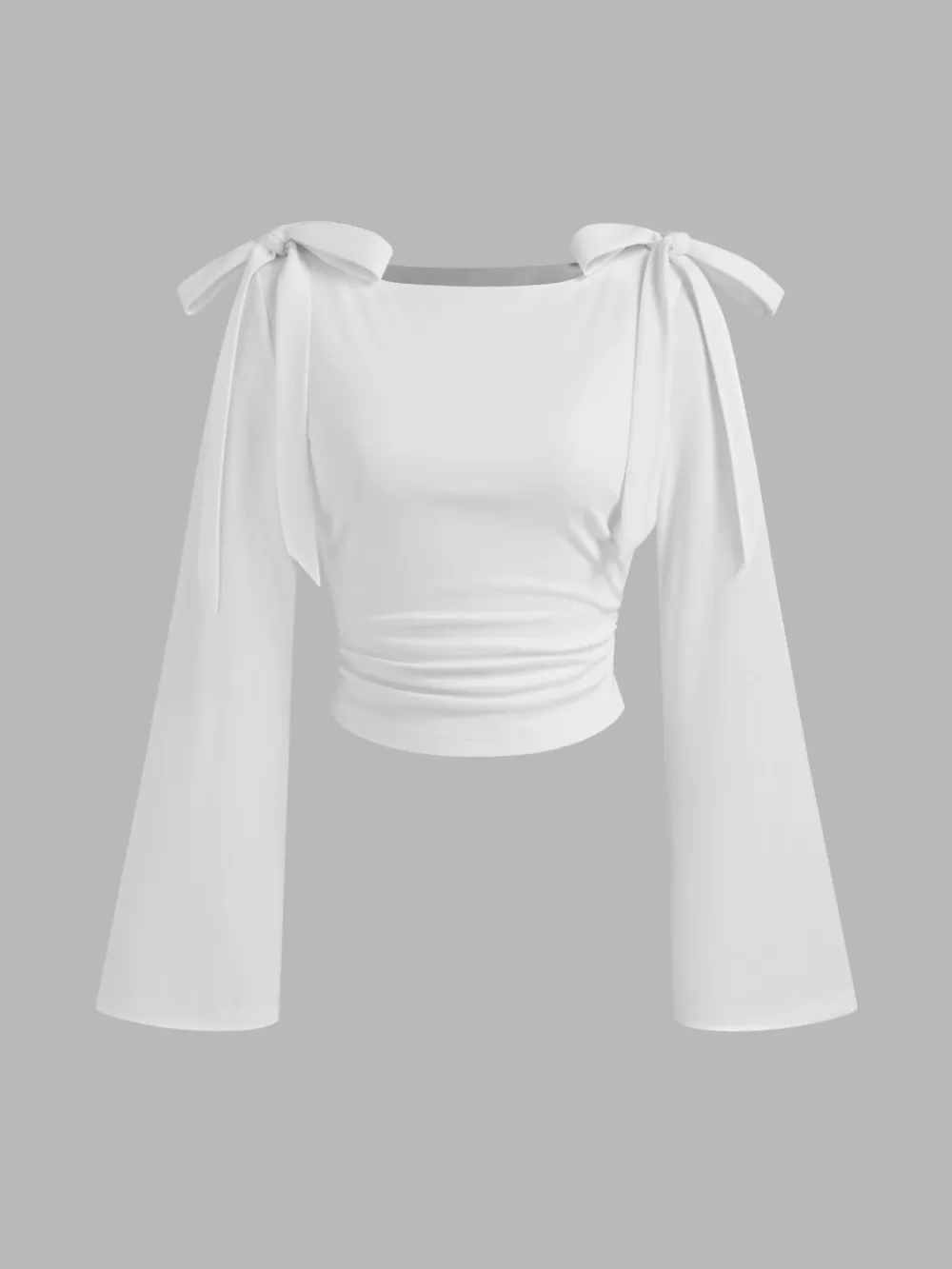 Boat Neck Gingham Bowknot Ruched Long Sleeve Top