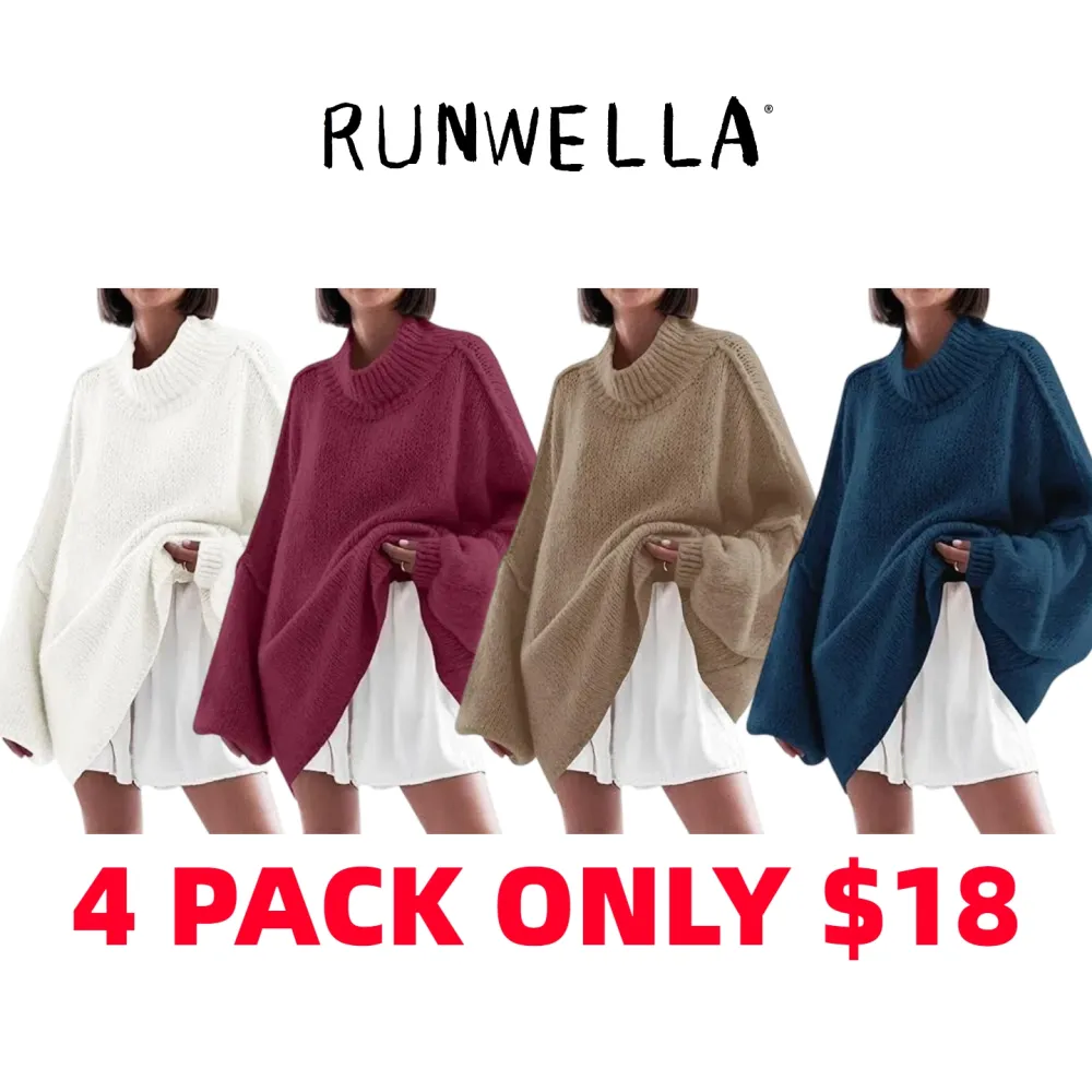 ✨Womens Oversized Mock Neck Batwing Long Sleeve Ribbed Knit Casual Tunic Sweater🔥