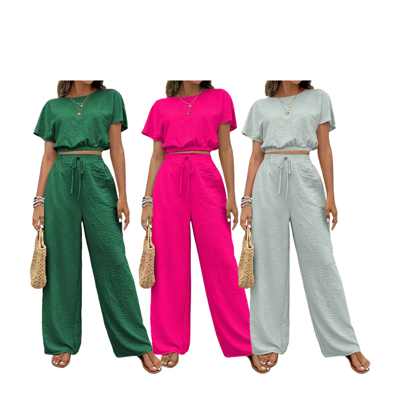 Women's Solid Color Rib-Knit Top & Wide Leg Pants Lounge Set