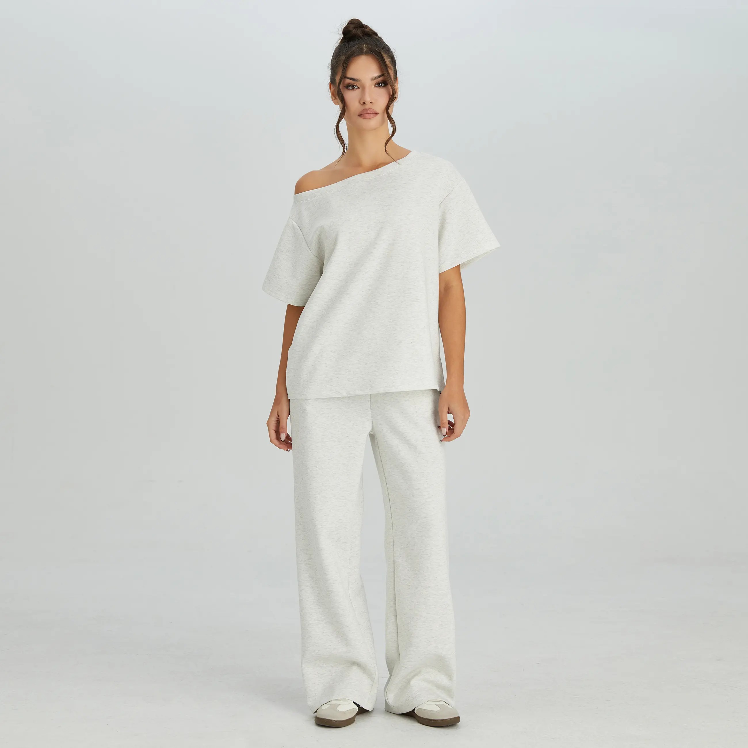 Women's Leisure Solid Color Sloping Shoulder Short Sleeve Top & Drawstring Waist Wide Leg Trousers Co-ord