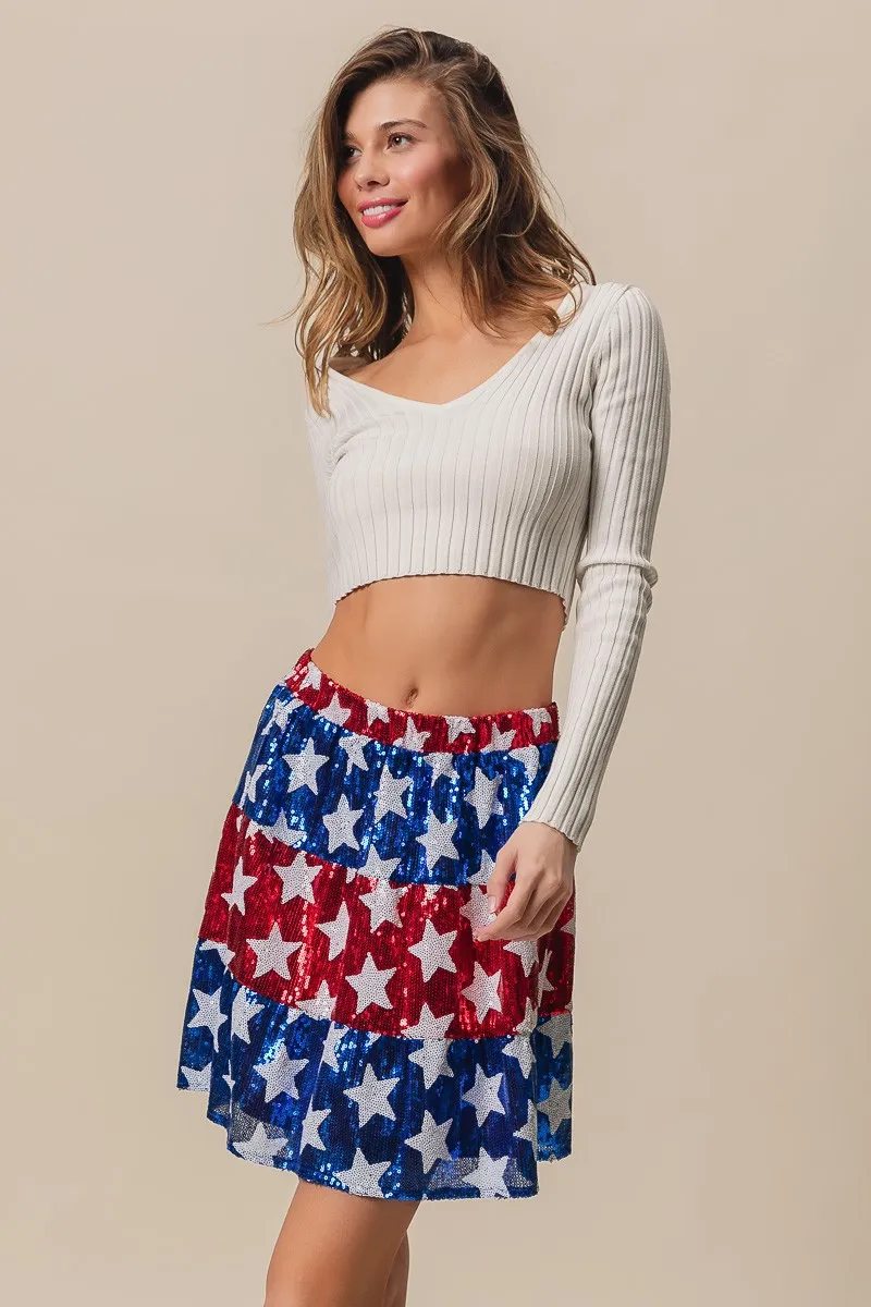 American Flag Theme Star Sequin Tiered Skirt