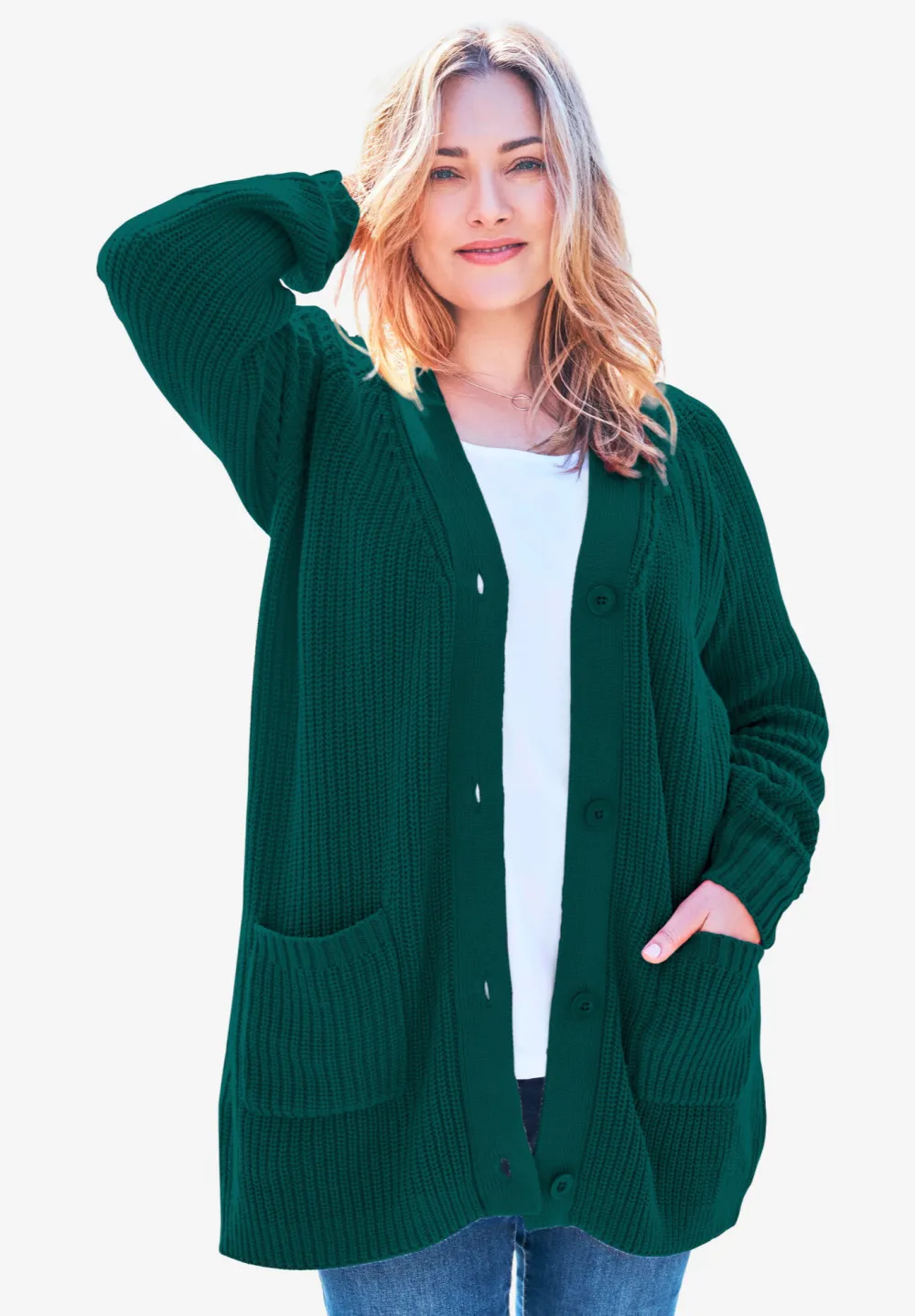 Button-Front Shaker Cardigan