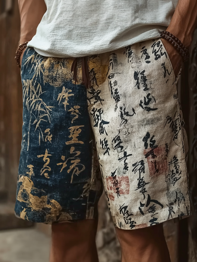 Japanese Art Retro Line Art Linen Casual Shorts