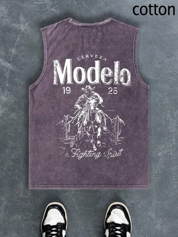 Men’s Cartoon Cowboy Graphic Tank Top – Casual Sleeveless Cotton Shirt for Summer