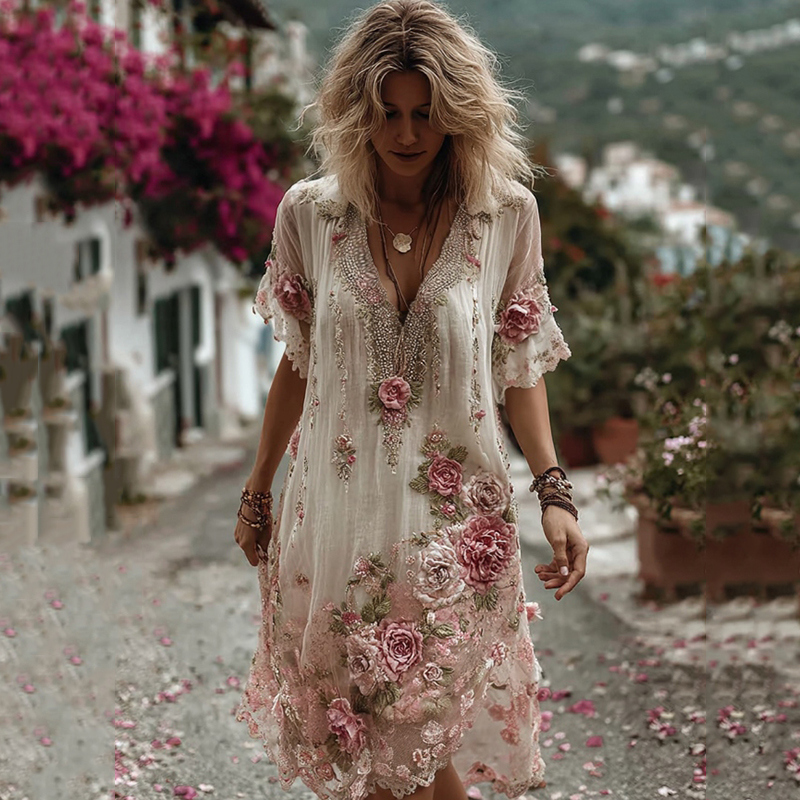 Vintage Floral Embroidery Short-sleeved Dress