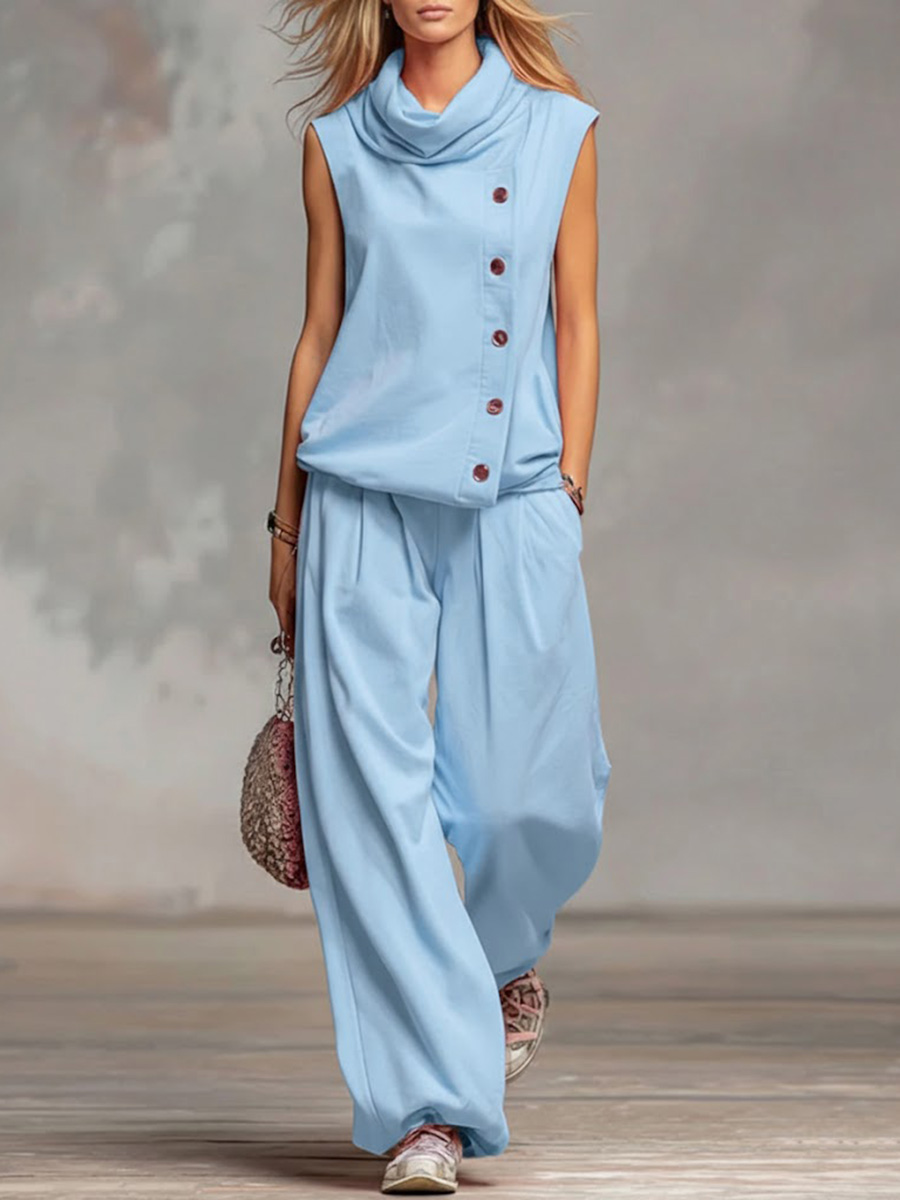 Women's Solid Color Stand-collar Sleeveless Casual Loose Cotton Top And High-waisted Loose Wide-leg Pants Set.