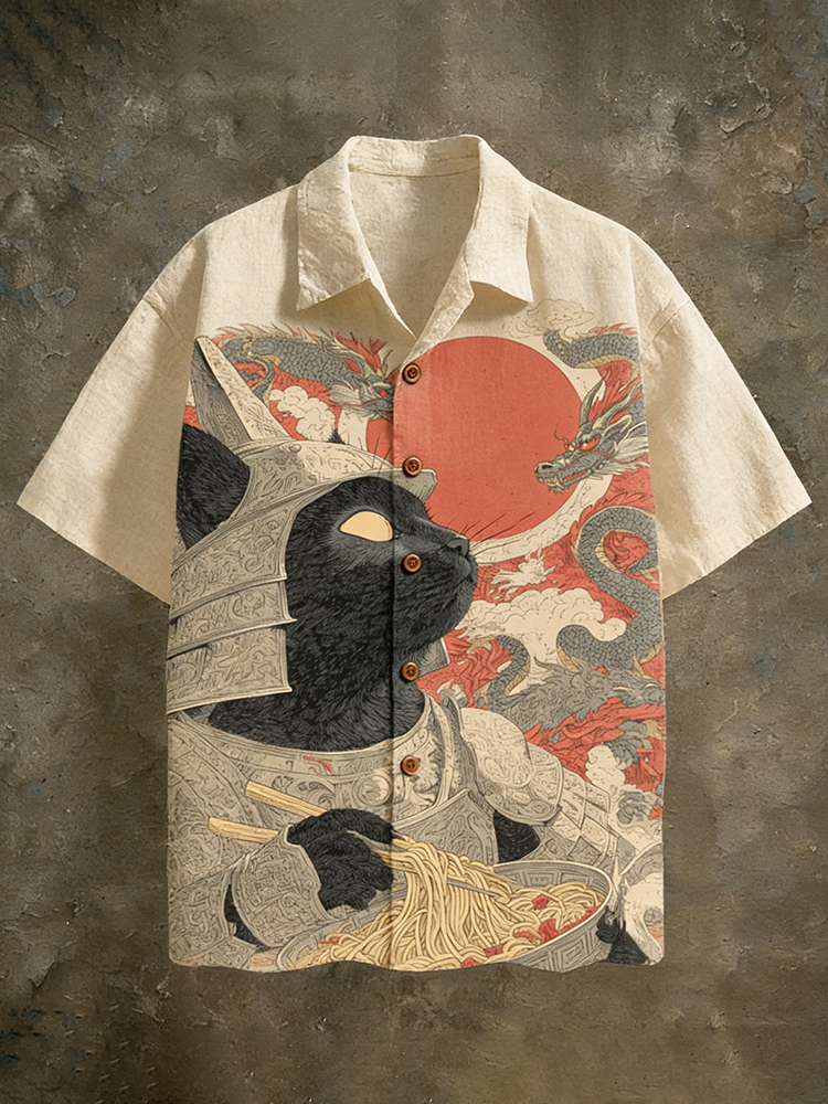Men's Japanese-style Fun Cat And Dragon Pattern Linen Short-sleeved Shirt