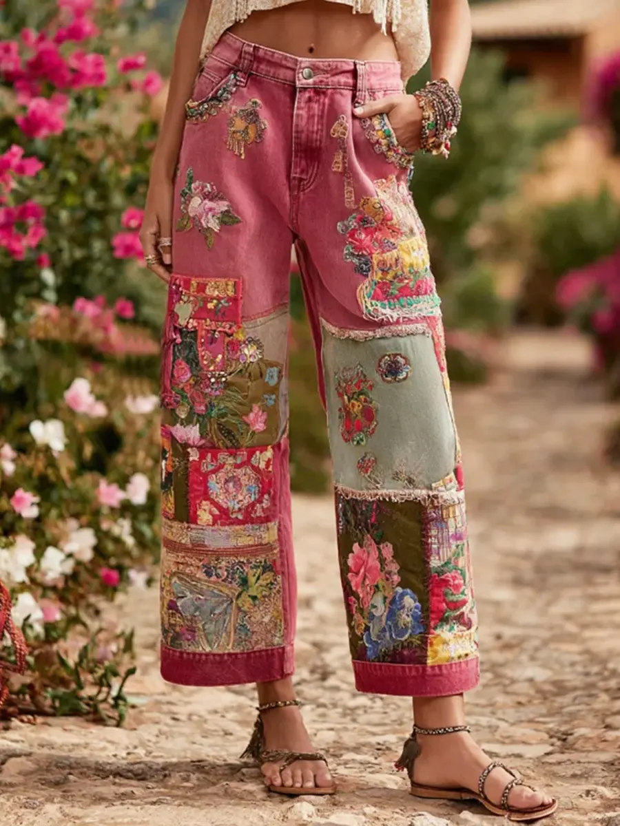 Women's Vintage Floral Pattern Art Print Casual Cotton Denim Pants