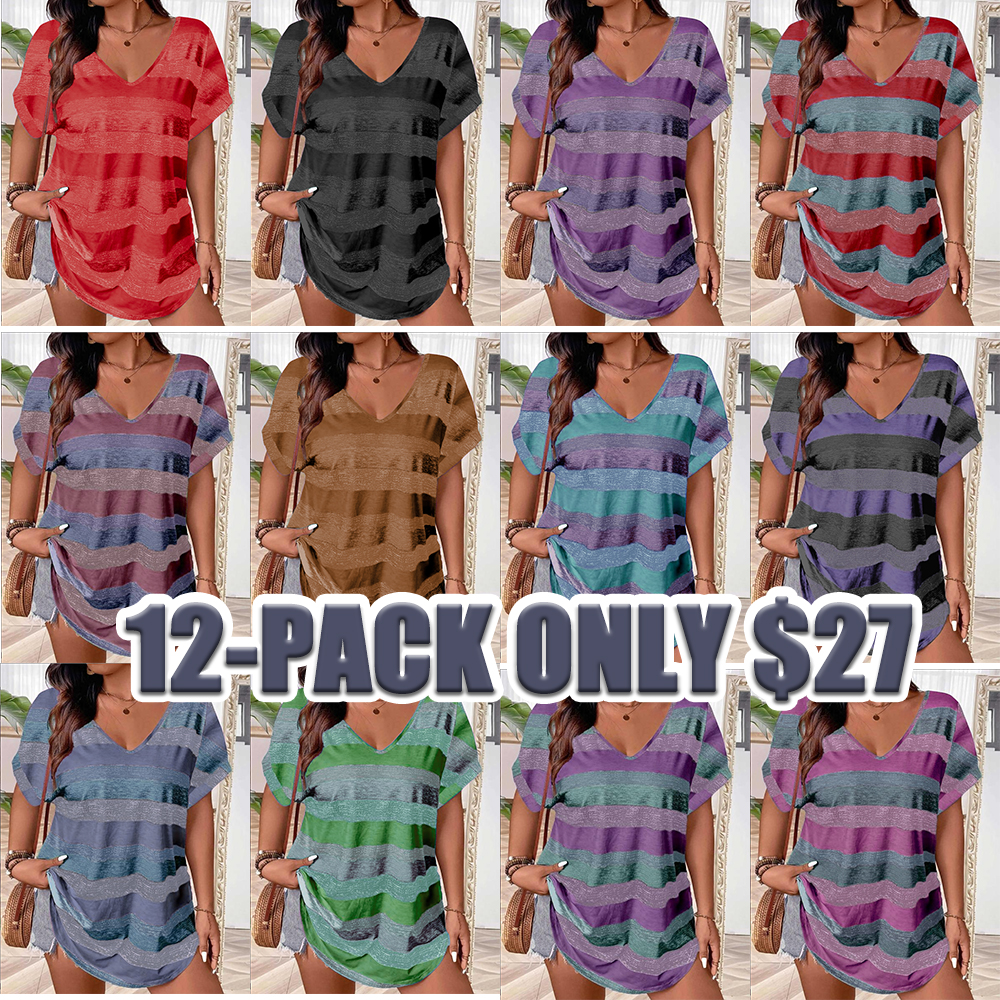 Plus Size Striped V-Neck T-Shirt for Women – Casual Summer Short Sleeve Top, Lightweight Breathable Tee for Daily Wear (Sizes S–5XL)