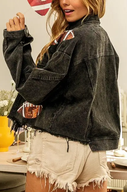 CORDUROY SEQUIN FOOTBALL CROPPED JACKET