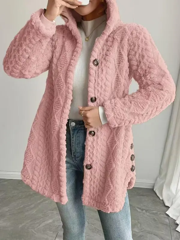 Women's Fall Winter Warm Fashion Jacquard Hooded Cardigan Long Sleeve Coat