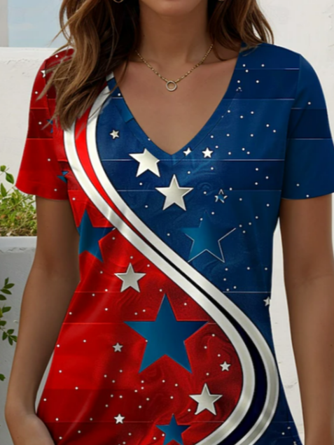 Women's Short Sleeve T-shirt Summer As Picture Star Printing V Neck Holiday Going Out Vintage Top