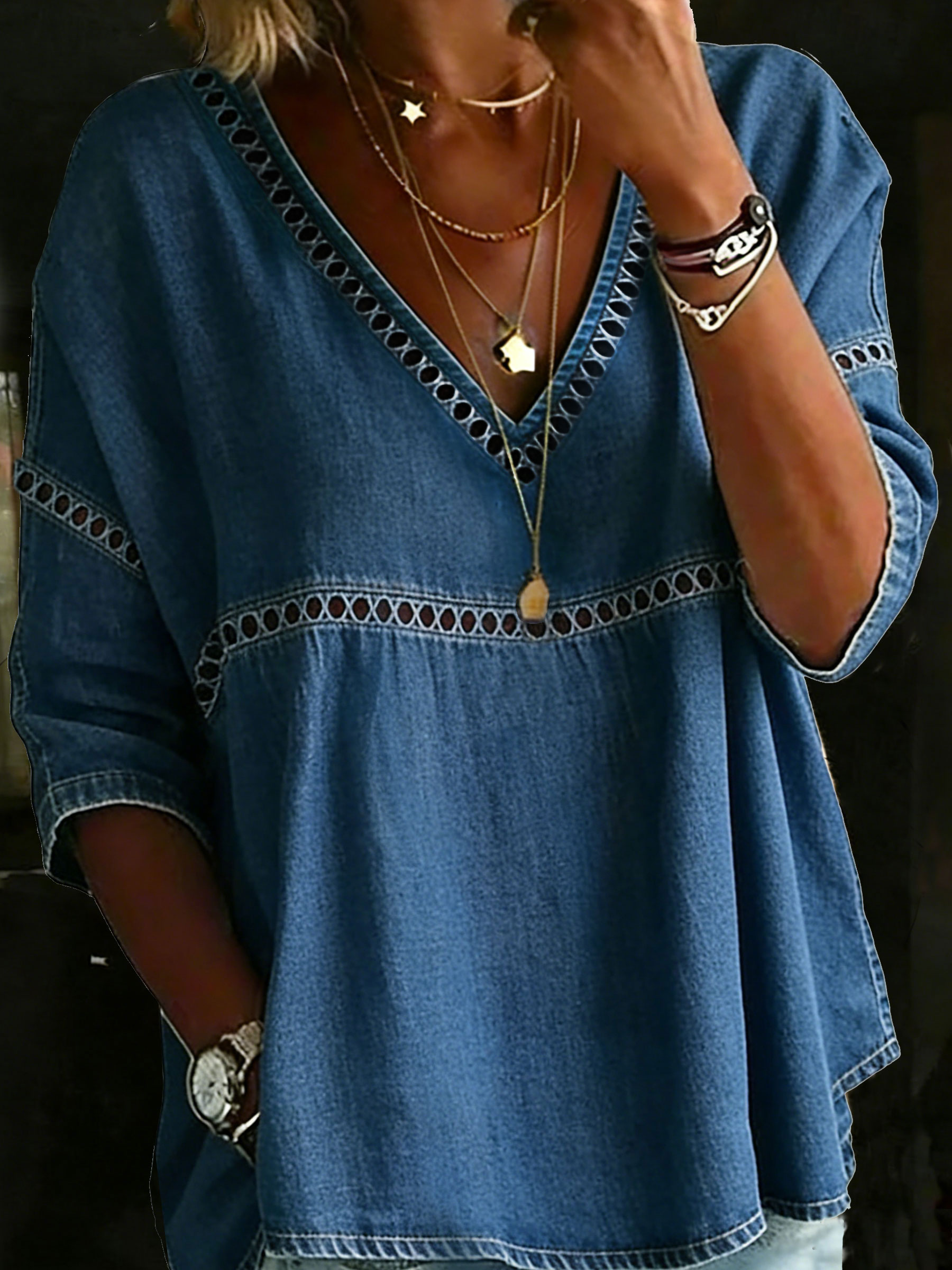 Women's Vintage V-neck Casual Loose Denim Blouse Shirt