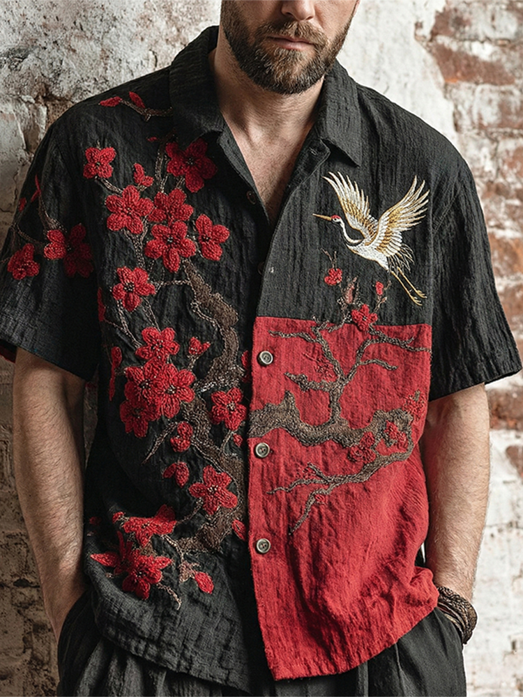 Men's Japanese Cherry Blossom And Crane Pattern Short Sleeve Shirt