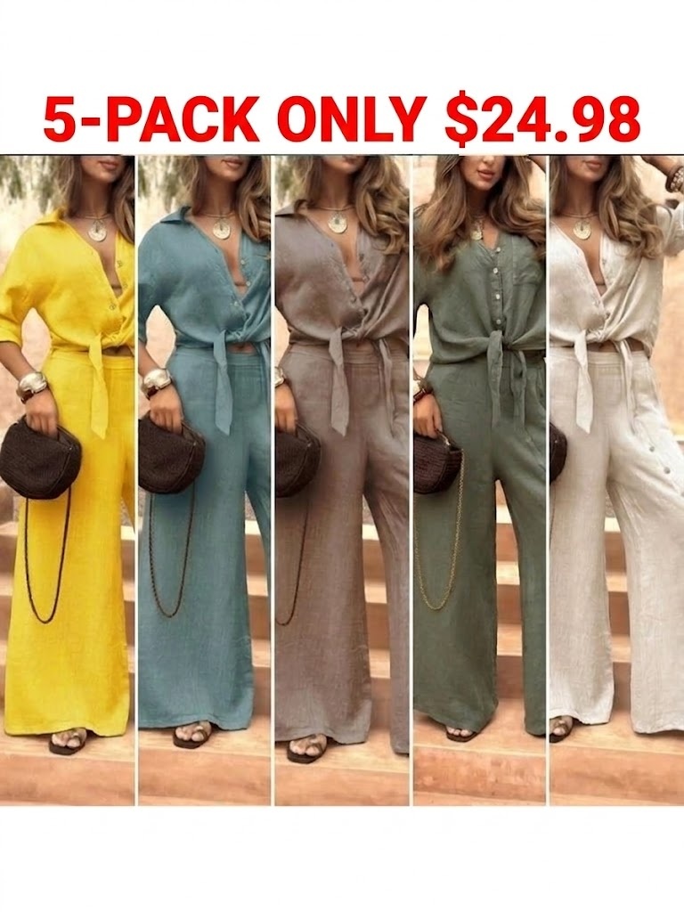 Women's Long Sleeve Loose Fit Shirt Set with Tie Hem