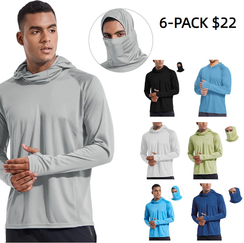 Men Sun Protection Hoodie Face Mask UPF50+ Long Sleeve Thumbholes UV SPF Shirt