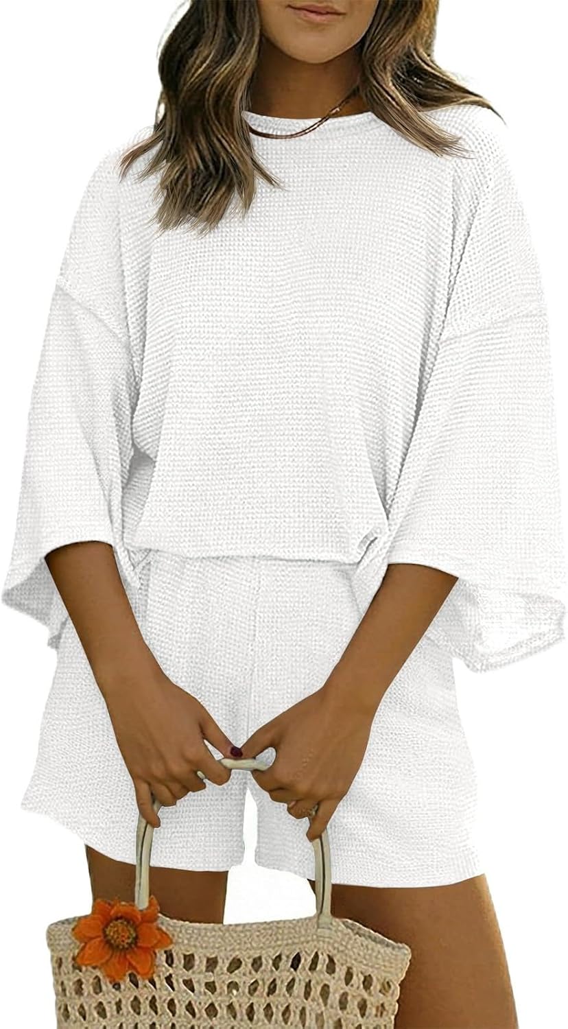 Womens Short Sets 2 Piece Outfits 3/4 Sleeve Tops and Elastic Waist Shorts Lounge Set Casual Loungewear