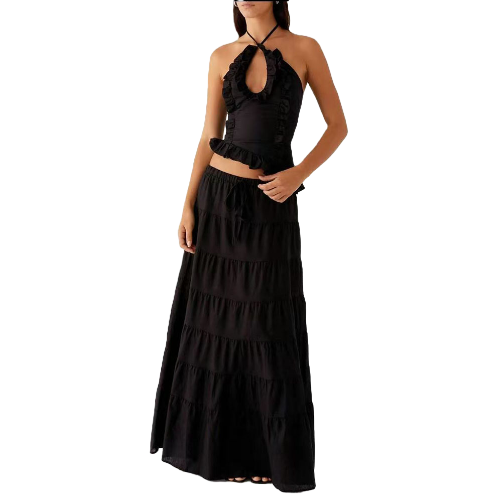Y2K Women 2-Piece Maxi Skirt Set – Lace Short Sleeve Top & Tiered Ruffle Long Skirt – Sheer Beachy Boho Outfits