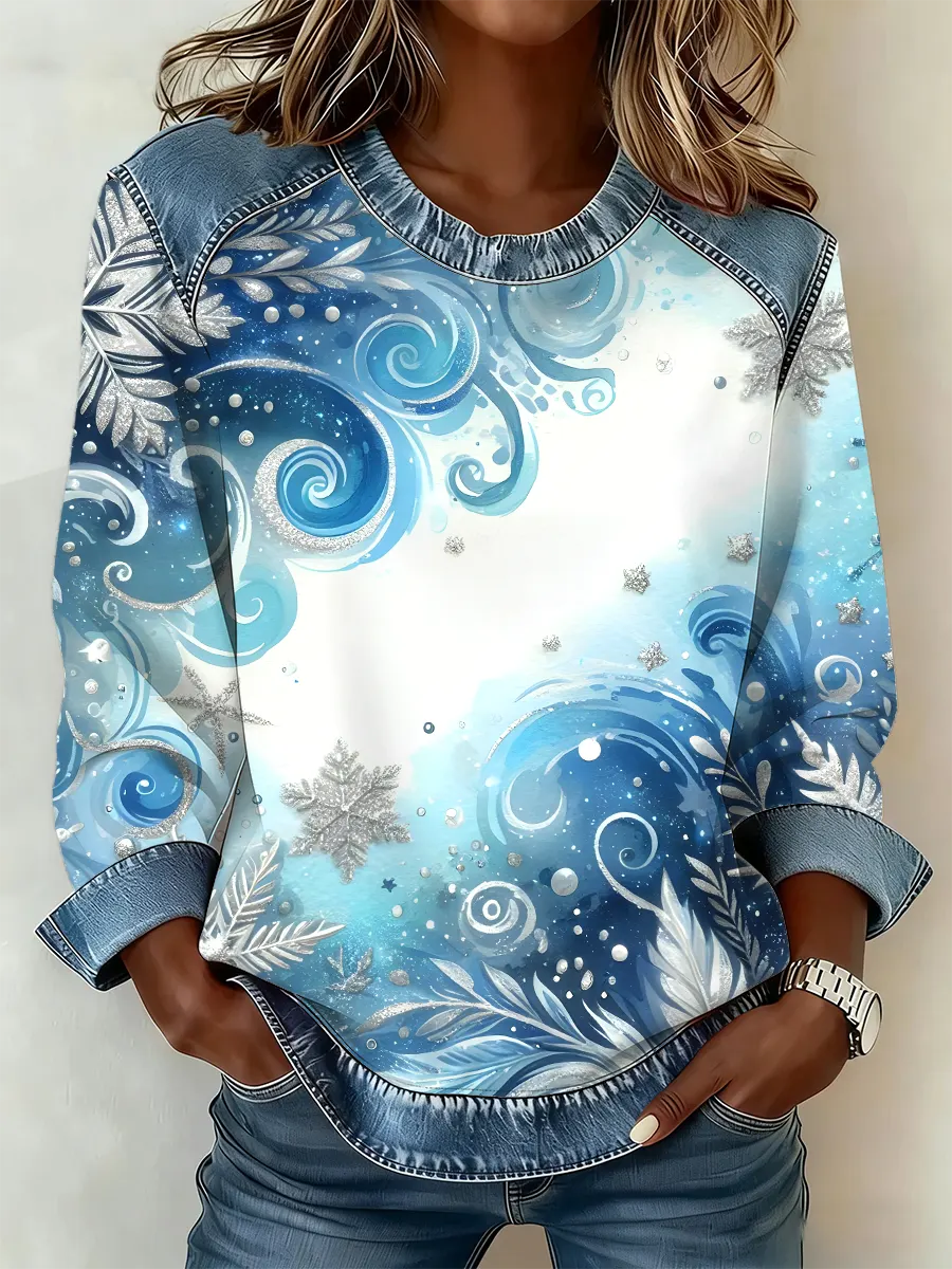Abstract Art Denim Patchwork Print Casual Long Sleeved Sweatshirt