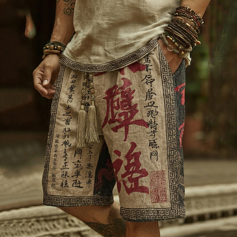 Men's Retro Calligraphy Art Pattern Linen Blend Shorts