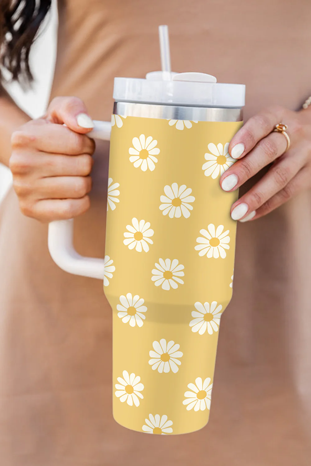 White Floral Leaves Print Stainless Large Portable Cup 40oz