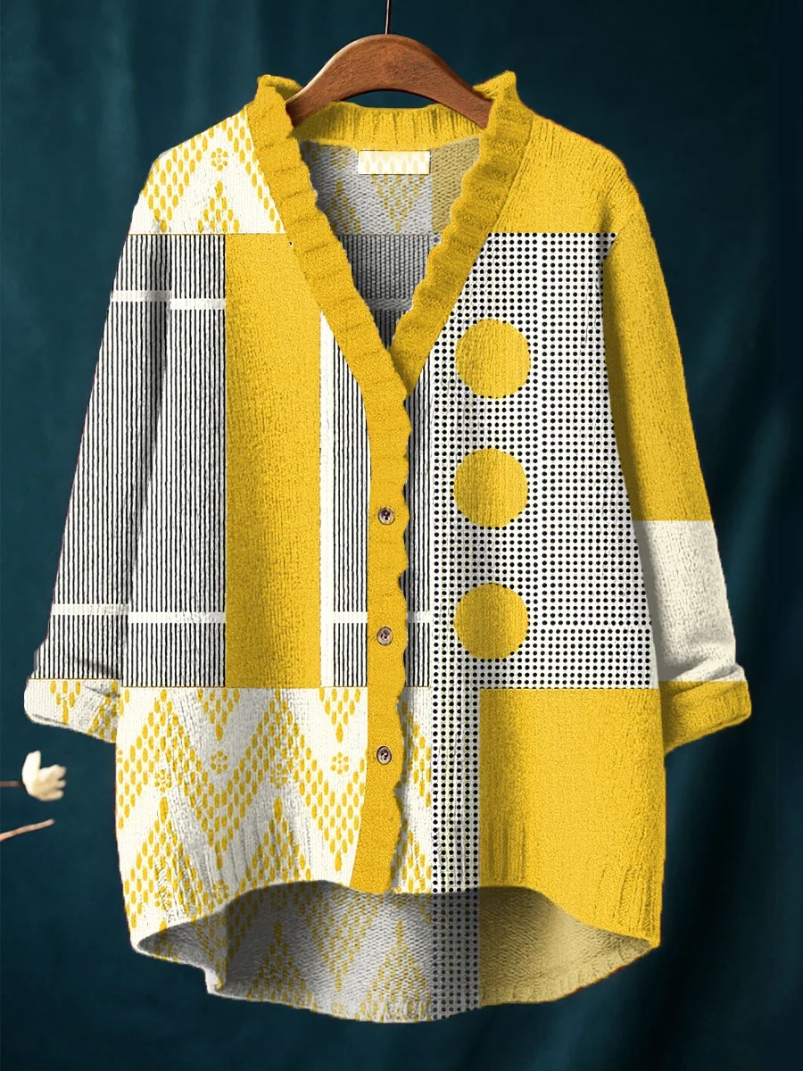 Women's Vintage Abstract Geometric Art Print Casual Peter Pan Collar 3/4 Sleeve Sweater