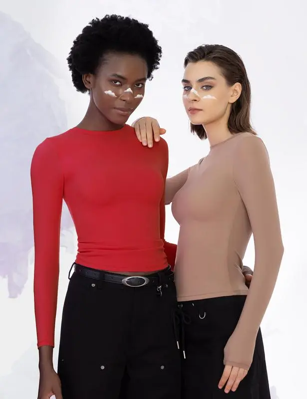 Long Sleeve Basic Tee Women's Crew Neck Slim Fit Tops Streetwear Minimalist Double Layer Compression Tee