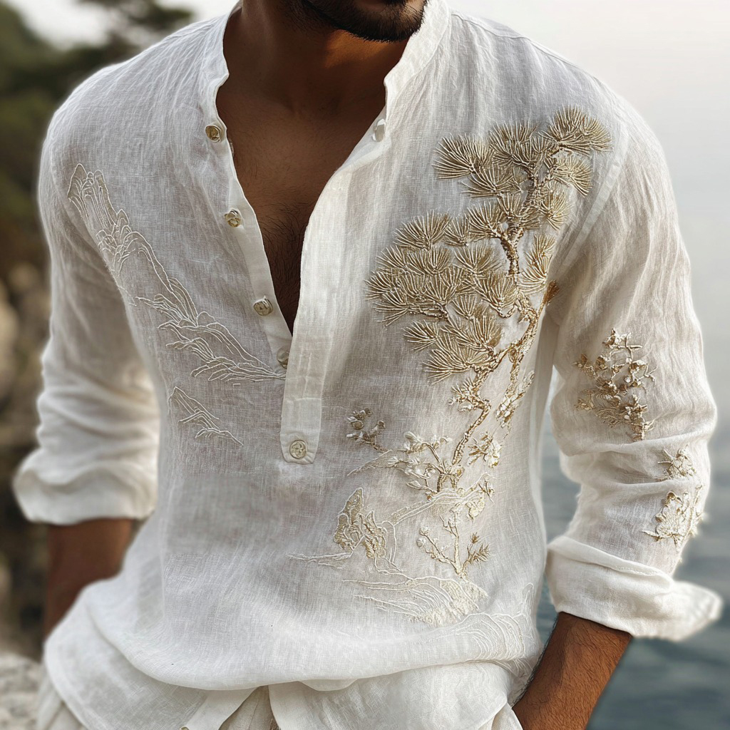 Men's Japanese Cherry Blossom And Pine Tree Casual Linen Shirt