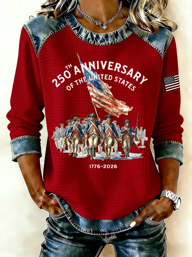 Ladies' Leisure 250Th Anniversary Celebration Splicing Color Contrasting Long Sleeve T-Shirt