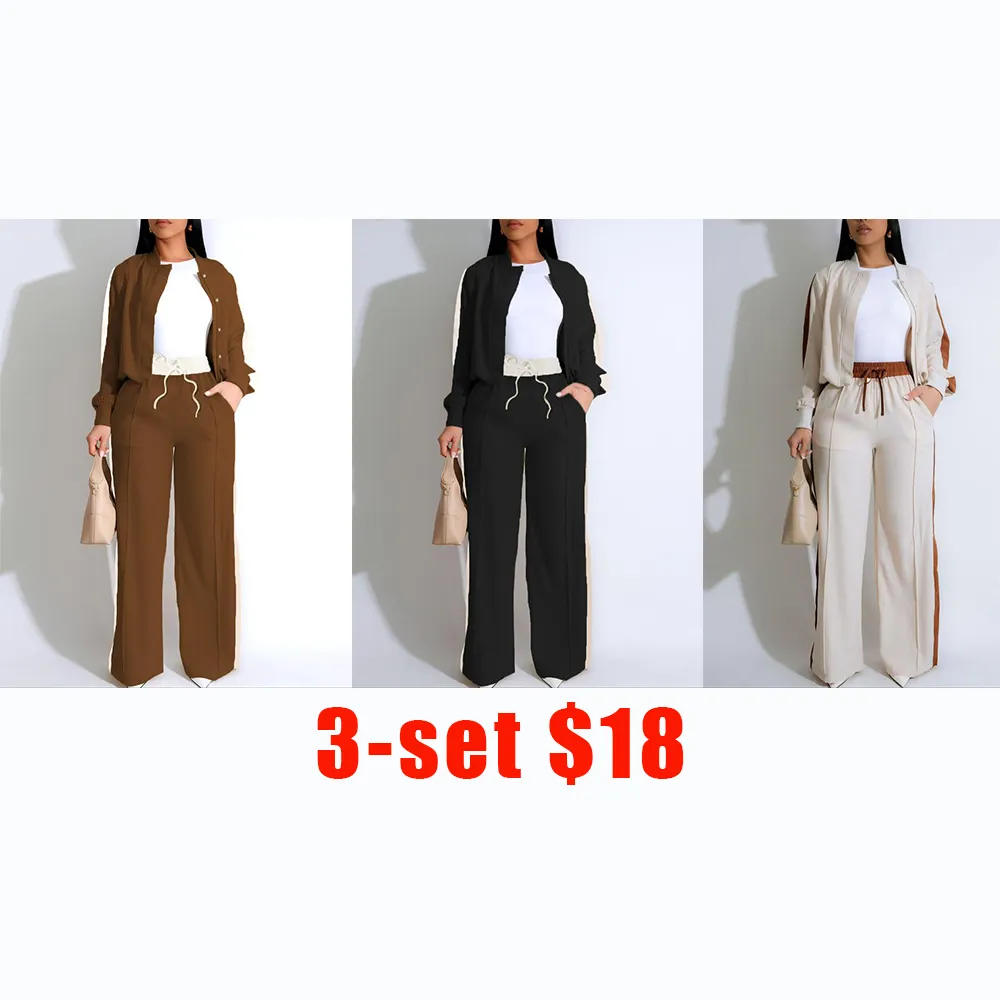 Two-piece Set Women's Patchwork Top & Wide Leg Pants Set, Casual Long Sleeve Outerwear & Pants for Daily Wear, Ladies Summer Clothes