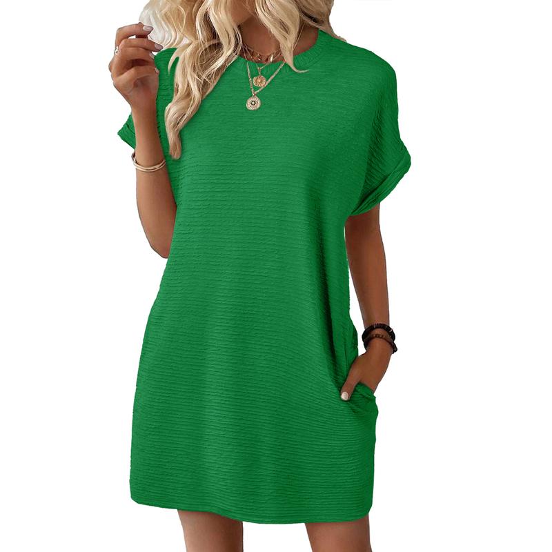 Women’s Casual Mini Dress – Lightweight Stretchy Short Sleeve Crewneck Dress for Summer & Beach Outfits