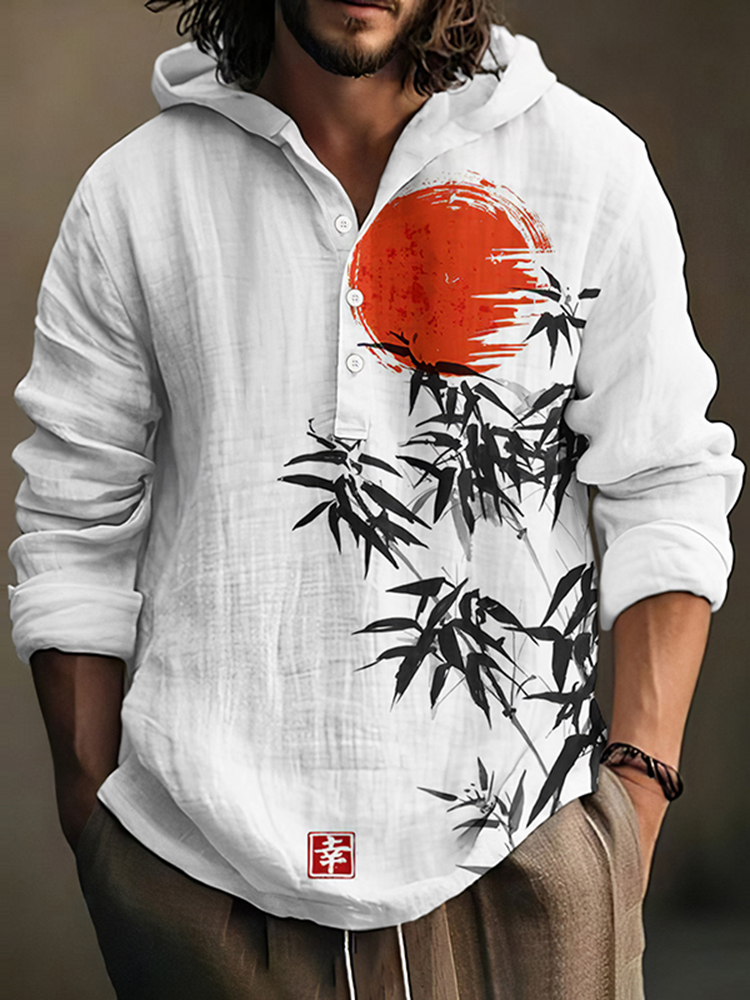 Men's Japanese Bamboo Forest & Red Sun Art Print Hooded Shirt