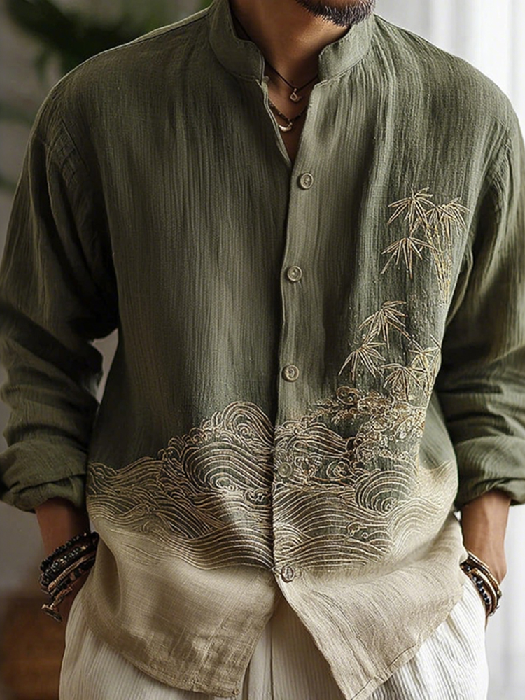 Men's Japanese-style Bamboo Waves Gradient Pattern Linen Blend Shirt