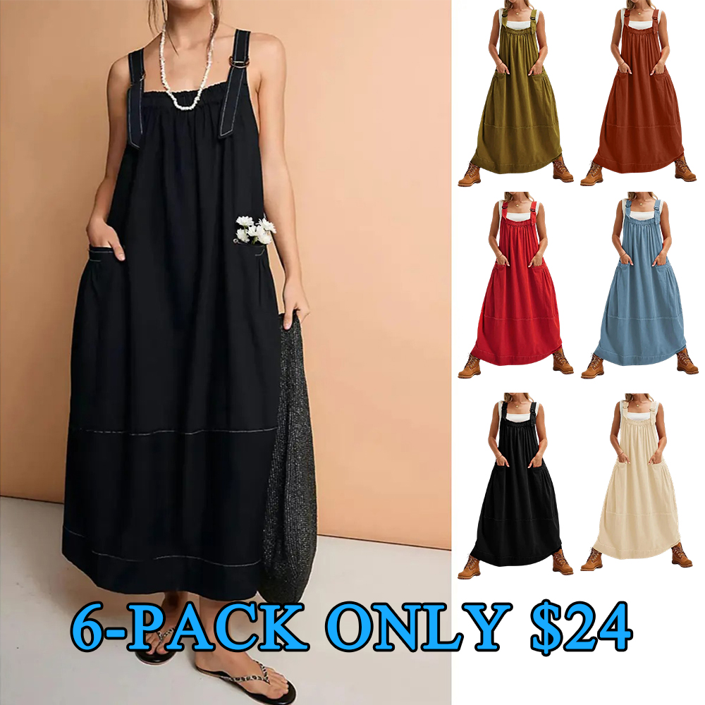Women's Sleeveless Strappy Barrel Midi Dress with Pockets & Adjustable Straps