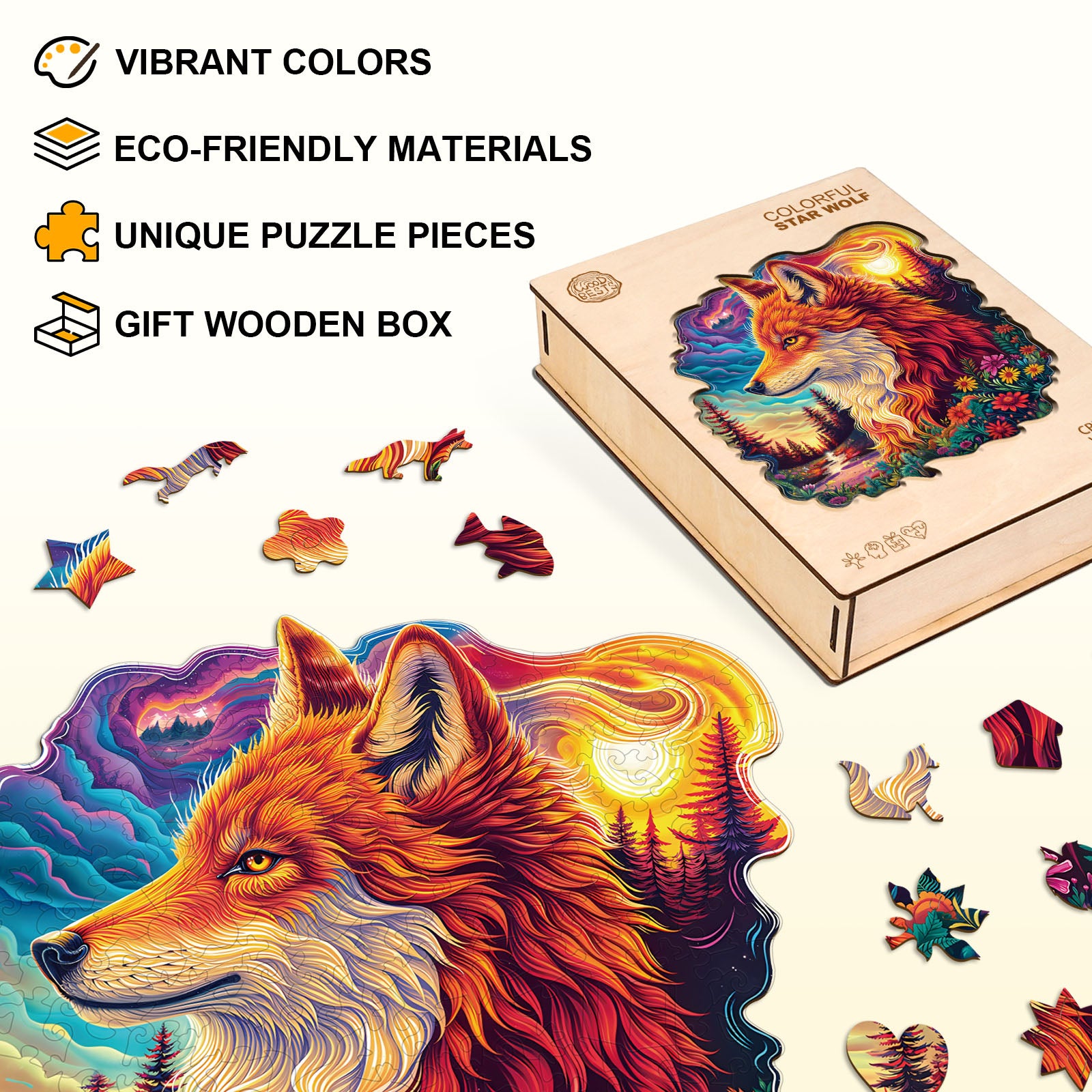 Colorful Star Wolf Wooden Jigsaw Puzzle