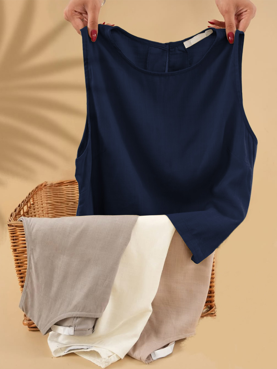 Women's Solid Color Round Neck Sleeveless Casual Linen Vest Top